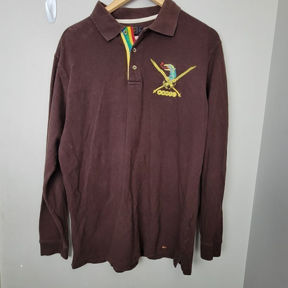 Coogi Mens Long Sleeve Brown Rugby Polo with Embroidery Dragon Bird Swords XL